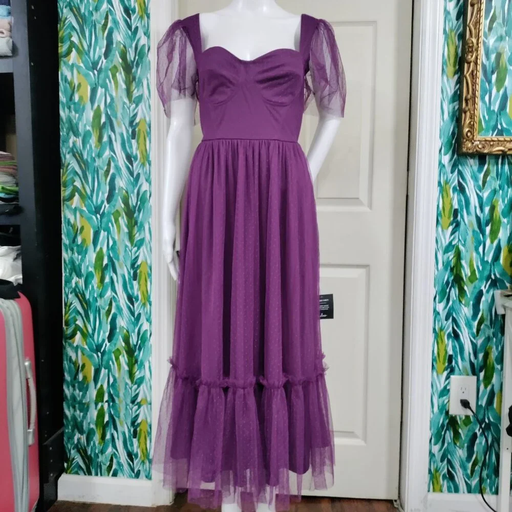Lulus Whimsy Fairy Wedding Guest Plum Purple Tulle Bustier Midi Dress Small NWT - Picture 5 of 8
